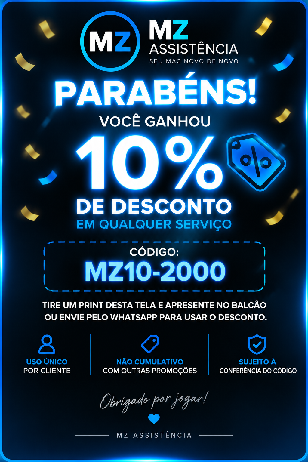Cartão de recompensa da MZ Assistência com 10% de desconto e código MZ10-2000